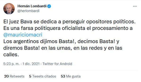 Tweet de Hernán Lombardi