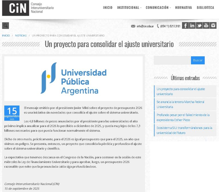 Comunicado del Consejo Interuniversitario Nacional respecto al Presupuesto 2026 presentado por Javier Milei