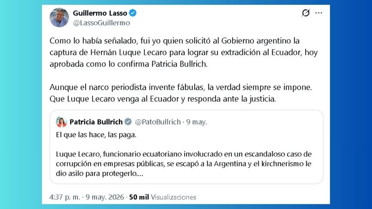 El expresidente de Ecuador, Guillermo Laso, celebró el mensaje de Patricia Bullrich
