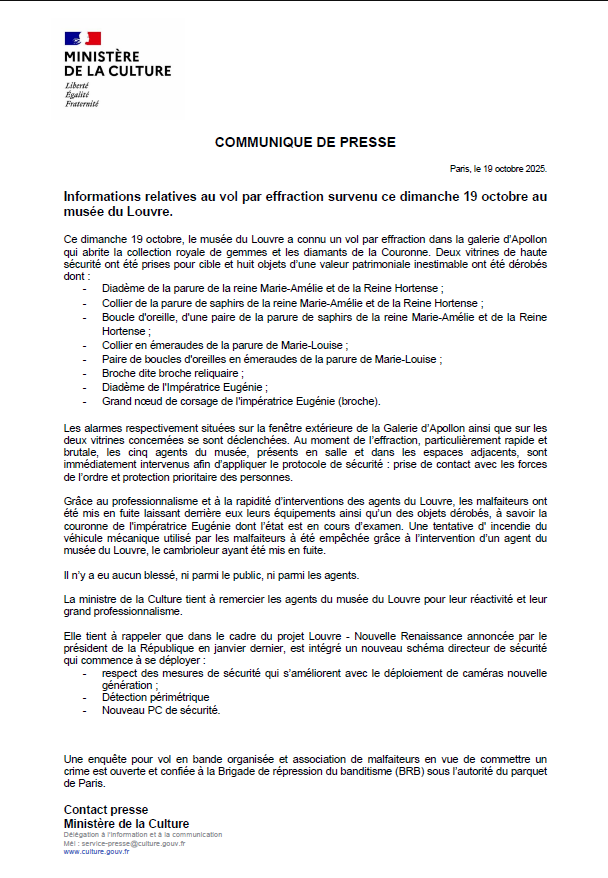 Comunicado ministerio de Cultura Francia