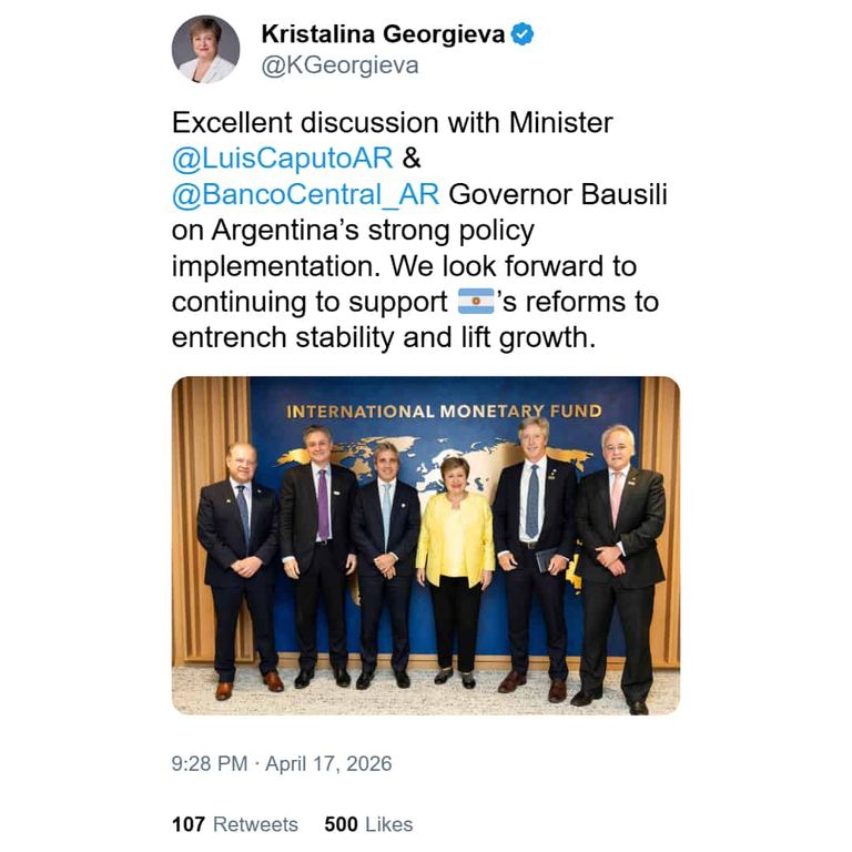 Posteo de Kristalina Georgieva sobre su encuentro con Luis Caputo