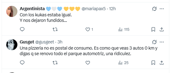 Algunas de las respuestas al retuiteo presidencial del posteo que mostraba a la pizzería 