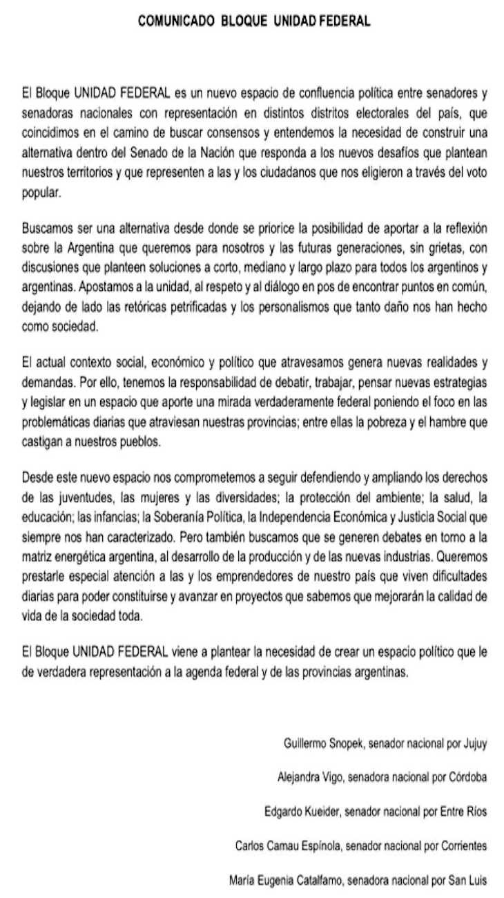 Comunicado del nuevo bloque Unidad Federal 20230222
