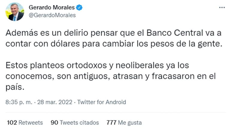 Tweet de Gerardo Morales sobre la dolarización 20220329