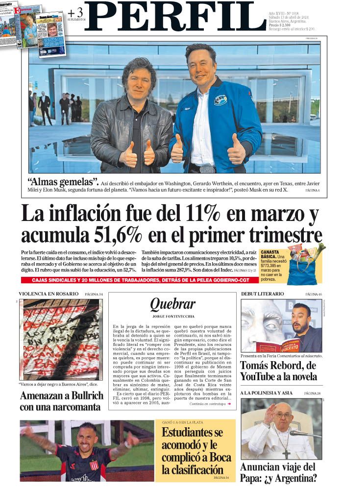 La tapa del Diario PERFIL de este sábado 13 de abril de 2024