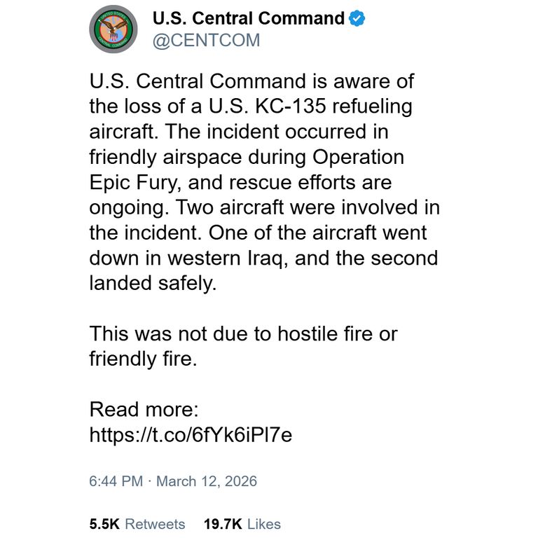 Posteo del CENTCOM sobre un avión cisterna que cayó en Irak