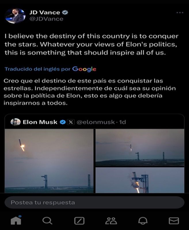 Tuit de James Vance y su elogió a Elon Musk tras el exitoso lanzamiento de Starship