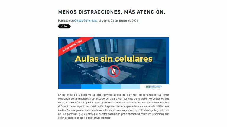 Comunicado publicado en el sitio web y las redes sociales del Colegio Nacional de Buenos Aires.