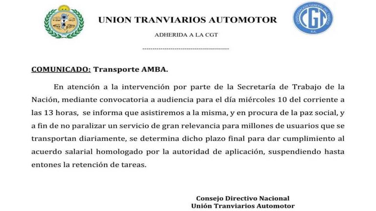 Comunicado de la UTA 202404008