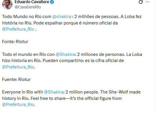 El posteo del alcalde de Río de Janeiro, por el show de Shakira.