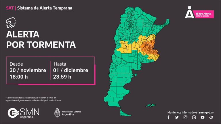 Alerta naranja por tormentas fuertes con lluvias intensas: a qué hora comienza