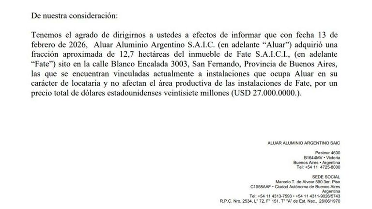 Comunicado Aluar 18022026