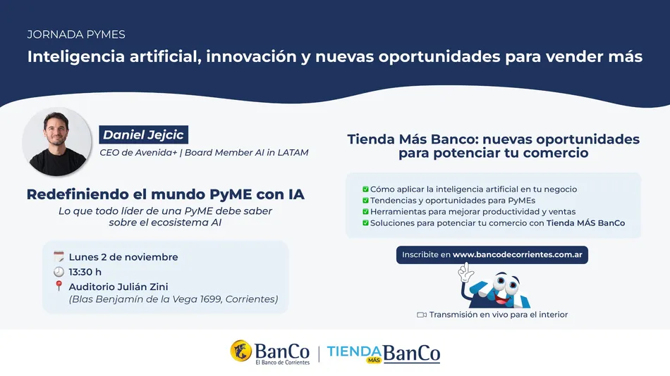 El Banco de Corrientes realizará una jornada gratuita de capacitación sobre Inteligencia Artificial para PyMES