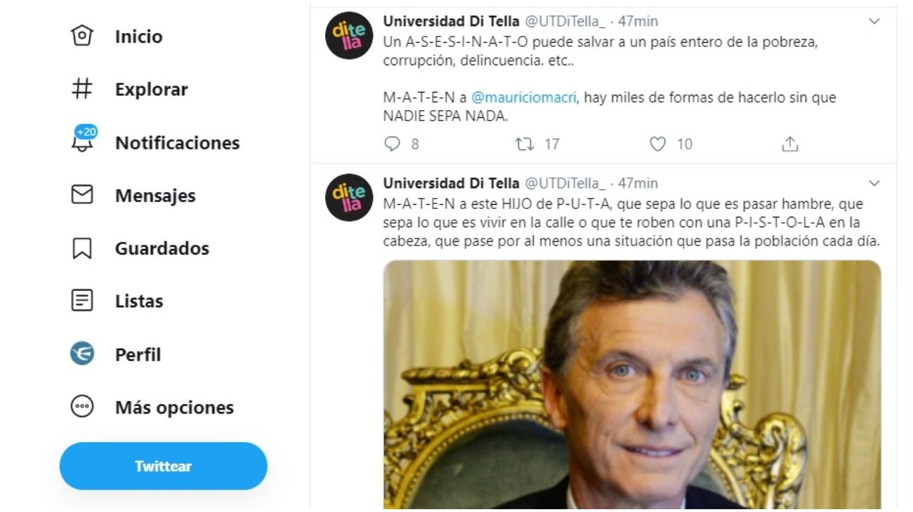 Hackearon la cuenta de Twitter de la Universidad Di Tella: "Sé donde vivís, Mauricio Macri"