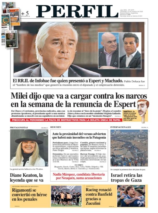 La tapa del Diario PERFIL del domingo 12 de octubre de 2025
