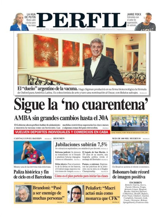 La tapa de Diario PERFIL de este sábado 15 de agosto de 2020