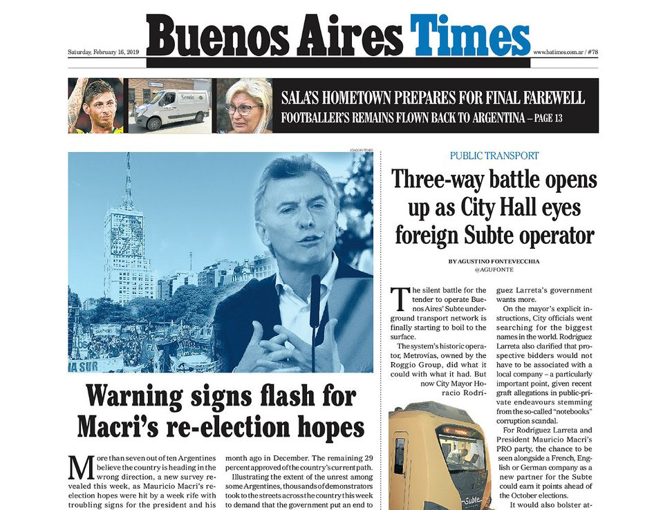 Tapa y temas principales de Buenos Aires Times de este sábado