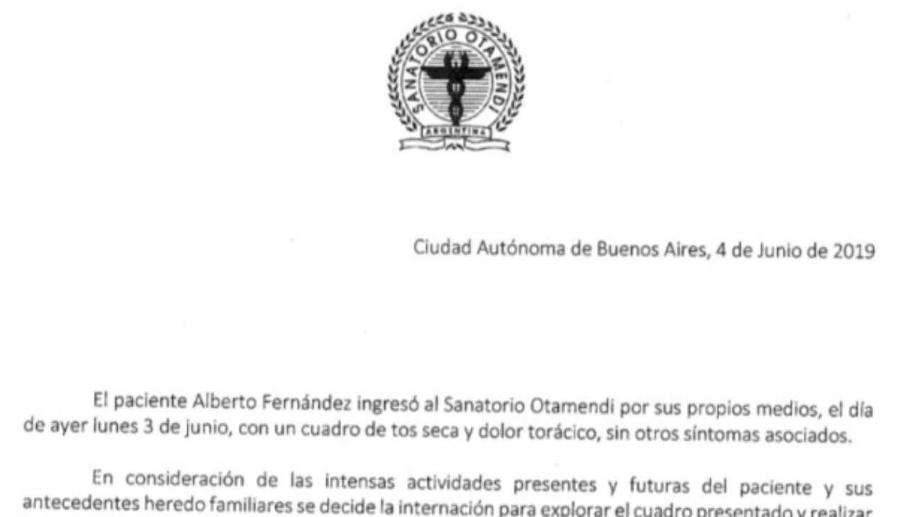 Qué dice el primer parte médico sobre la salud de Alberto Fernández