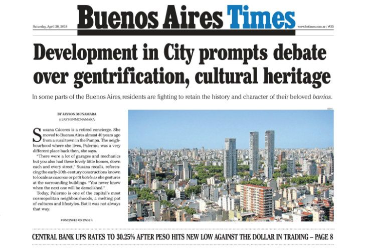 La tapa de Buenos Aires Times: gentrificación, dólar e Independiente