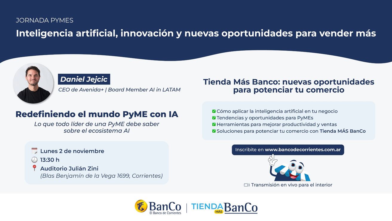 El Banco de Corrientes realizará una jornada gratuita de capacitación sobre Inteligencia Artificial para PyMES