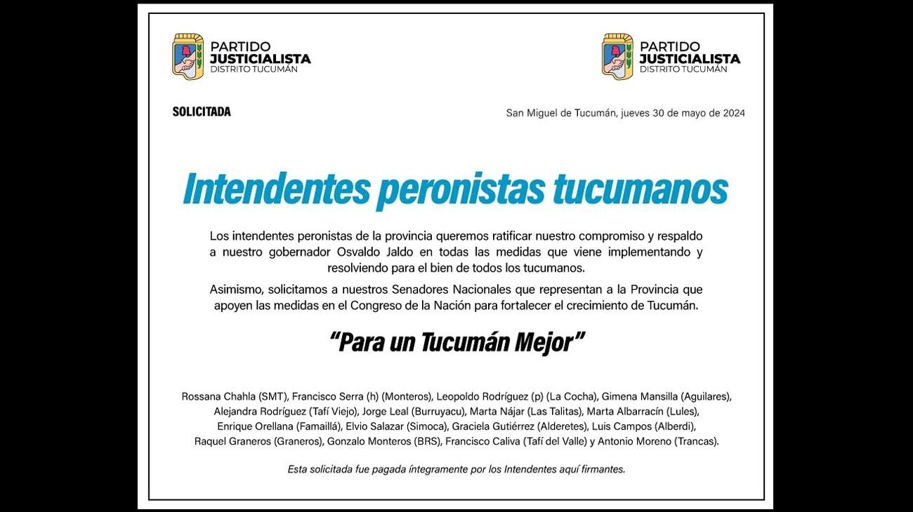 Solicitada de intendentes peronistas tucumanos