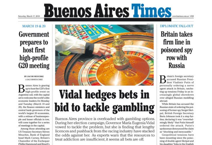 La tapa de Buenos Aires Times de este sábado