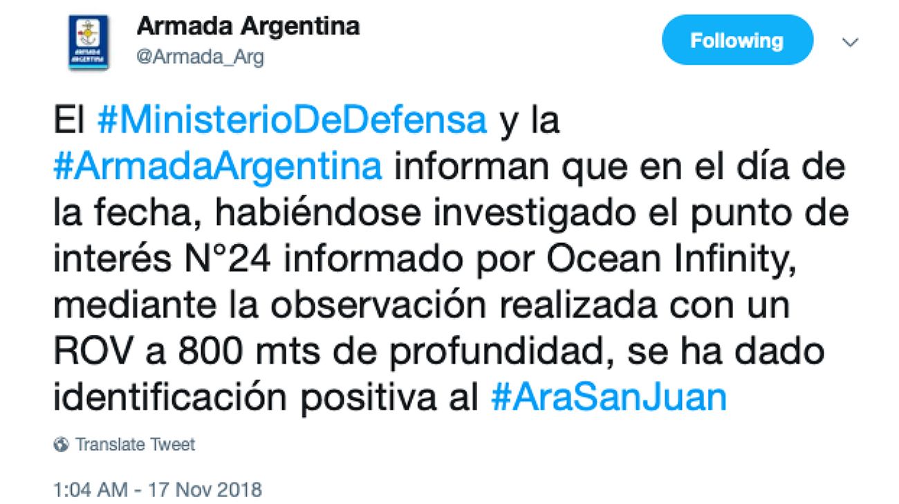 Así informó la Armada en Twitter el hallazgo del submarino ARA San Juan