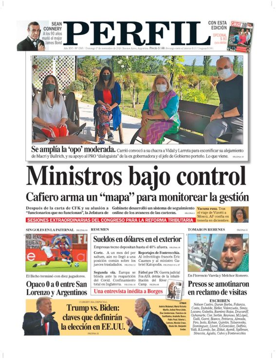 La tapa de Diario PERFIL de este domingo 1 de noviembre de 2020