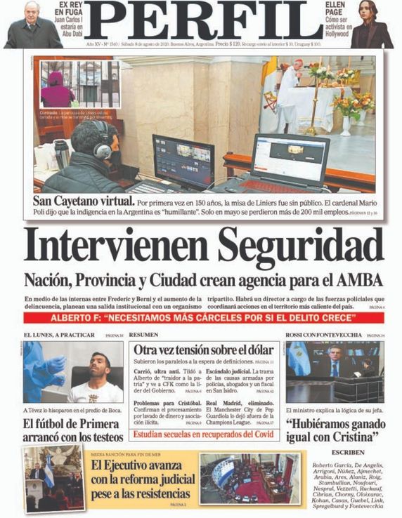 La tapa de Diario PERFIL de este sábado 8 de agosto de 2020