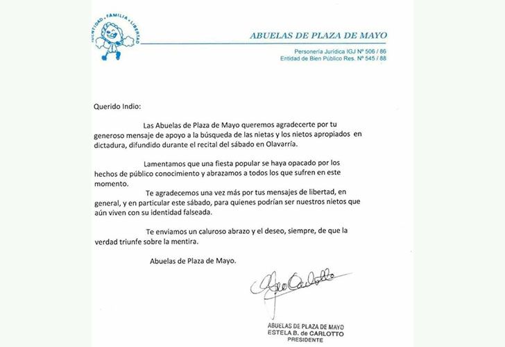 Abuelas de Plaza de Mayo le agradecieron al "Indio" su mensaje en Olavarría