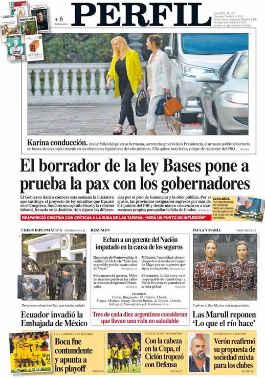 La tapa del Diario PERFIL del domingo 7 de abril de 2024