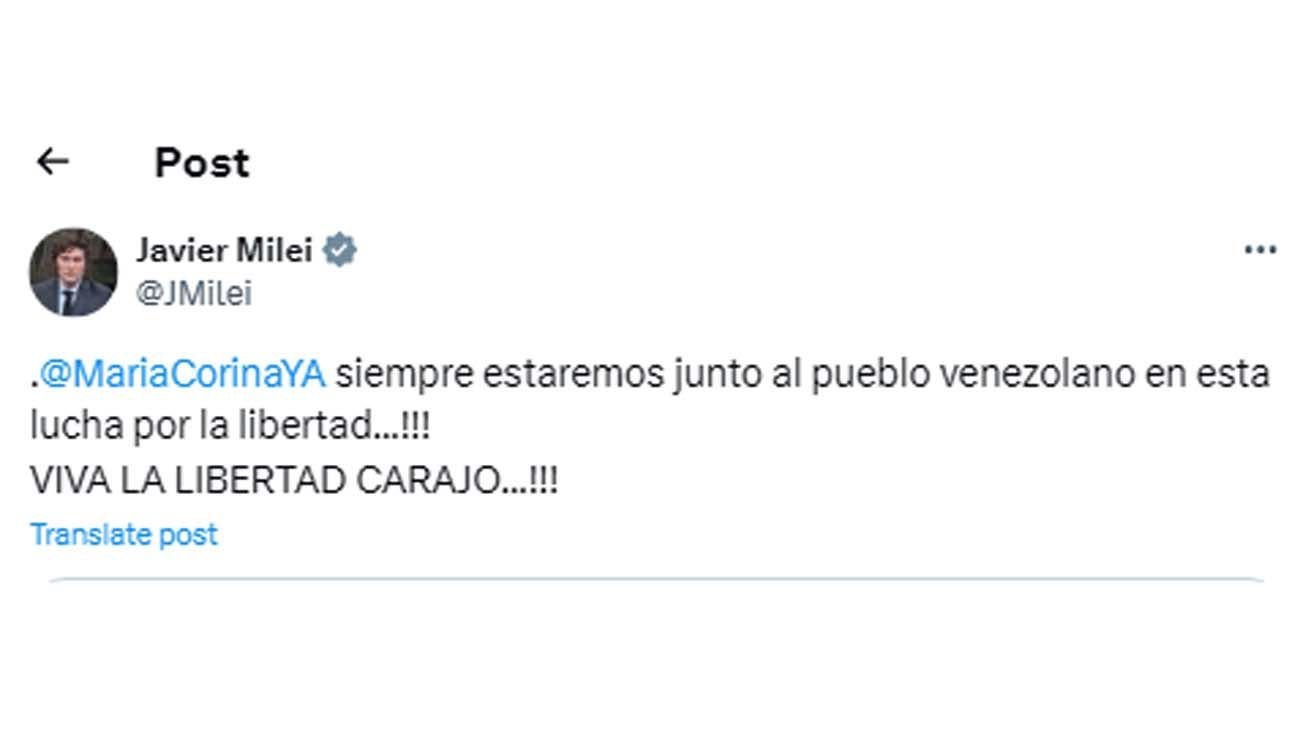 Milei apoyó a la oposición en la pelea contra Maduro
