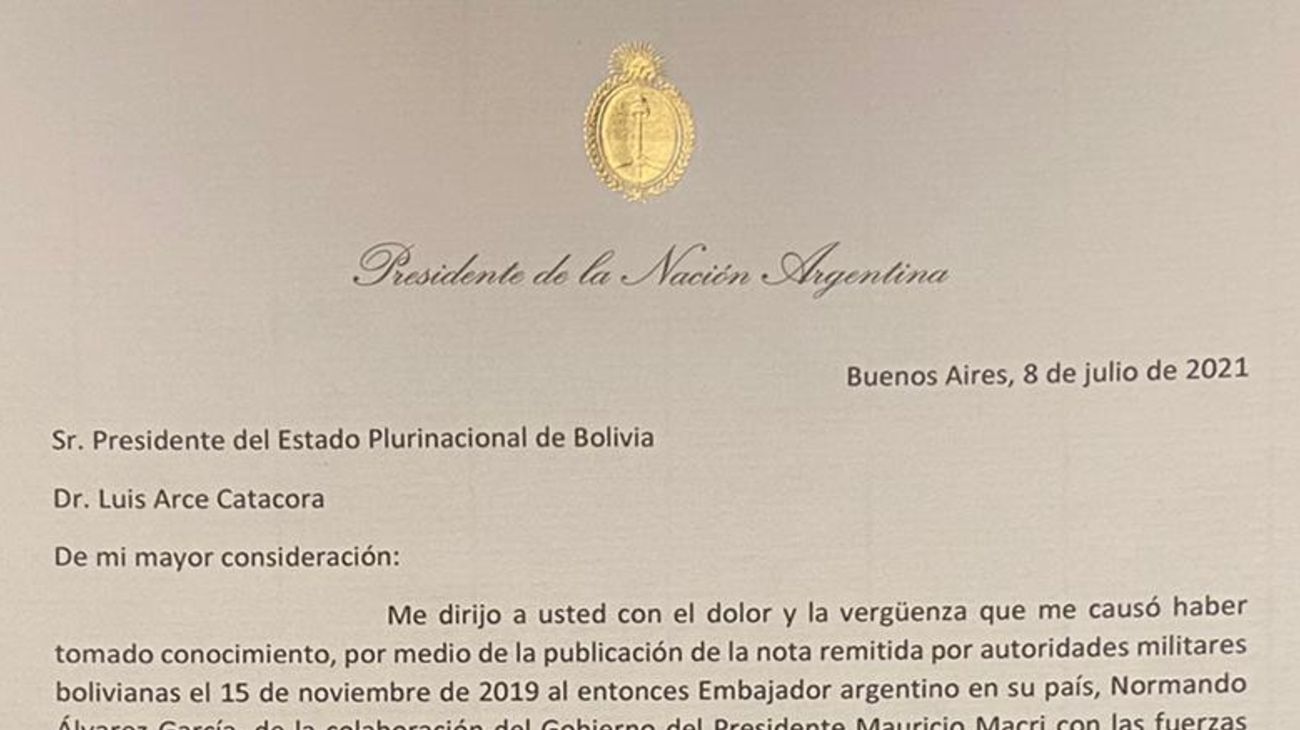 Qué dice la carta de disculpas de Alberto Fernández al pueblo de Bolivia