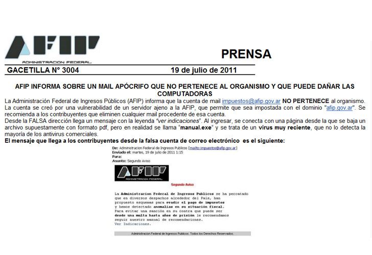 AFIP denunció mails falsos con virus informáticos