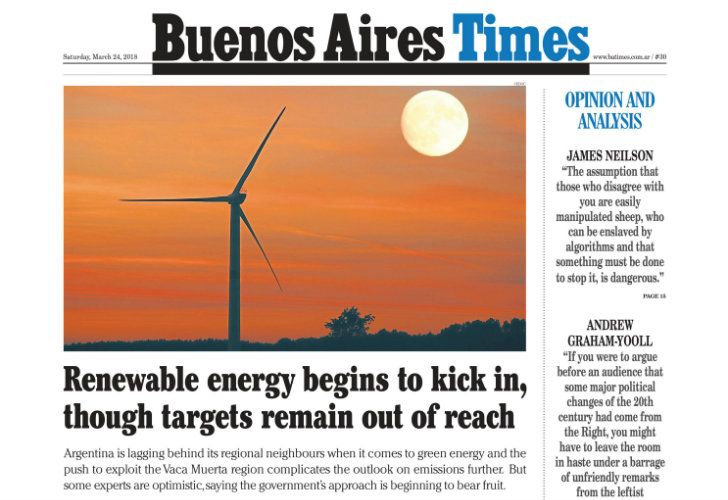 La tapa de Buenos Aires Times: energía renovable, una meta lejana para Argentina