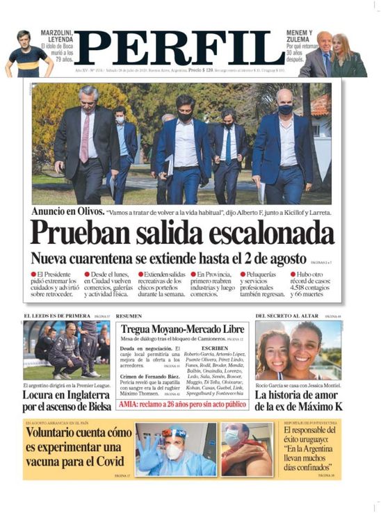 La tapa de Diario PERFIL de este sábado 18 de julio de 2020