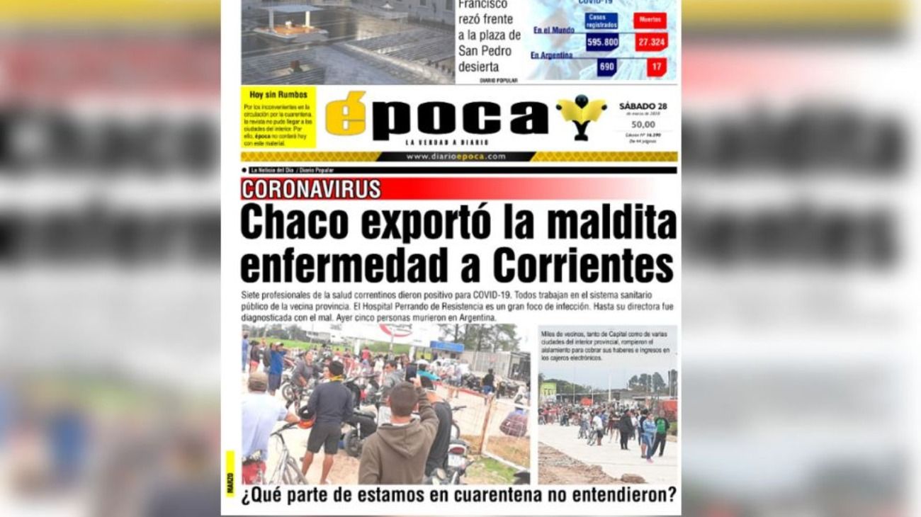 Coronavirus: la polémica tapa de un diario de Corrientes que "discrimina" a Chaco