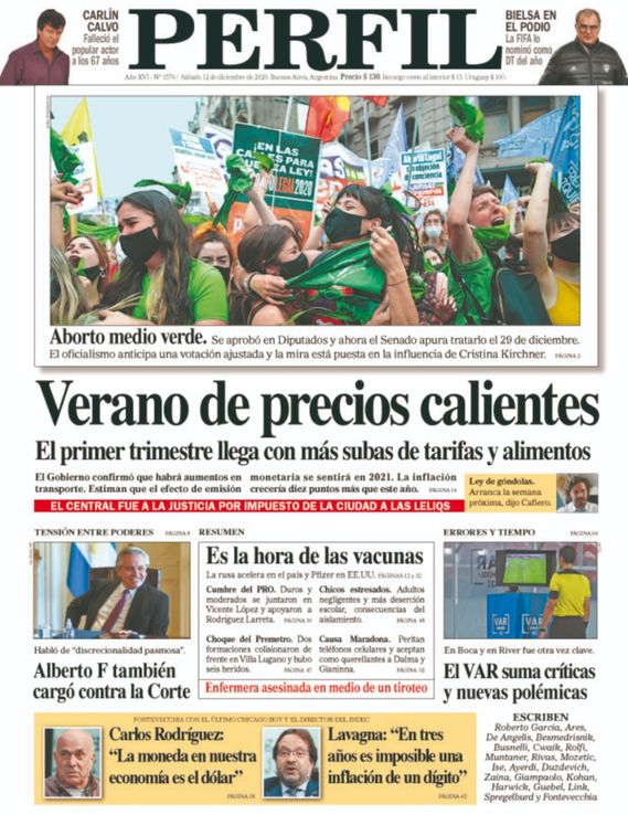 La tapa de Diario PERFIL de este sábado 12 de diciembre de 2020