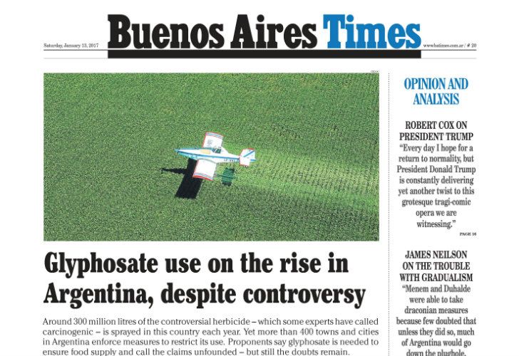 La tapa de Buenos Aires Times: aumenta el uso de glifosato en Argentina