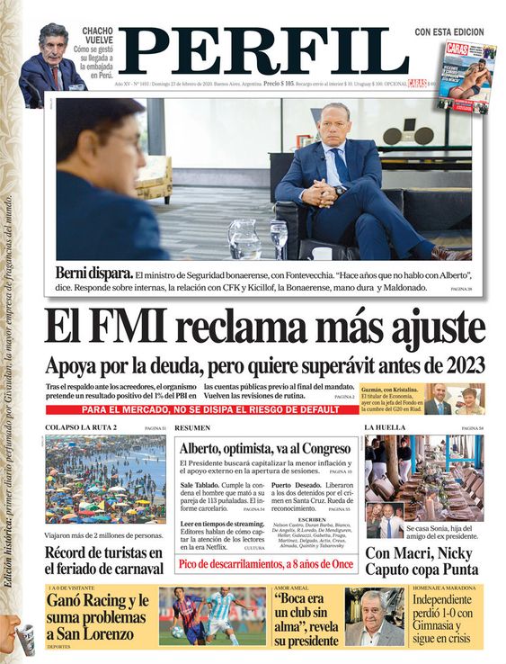La tapa de diario PERFIL de este domingo 23 de febrero de 2020