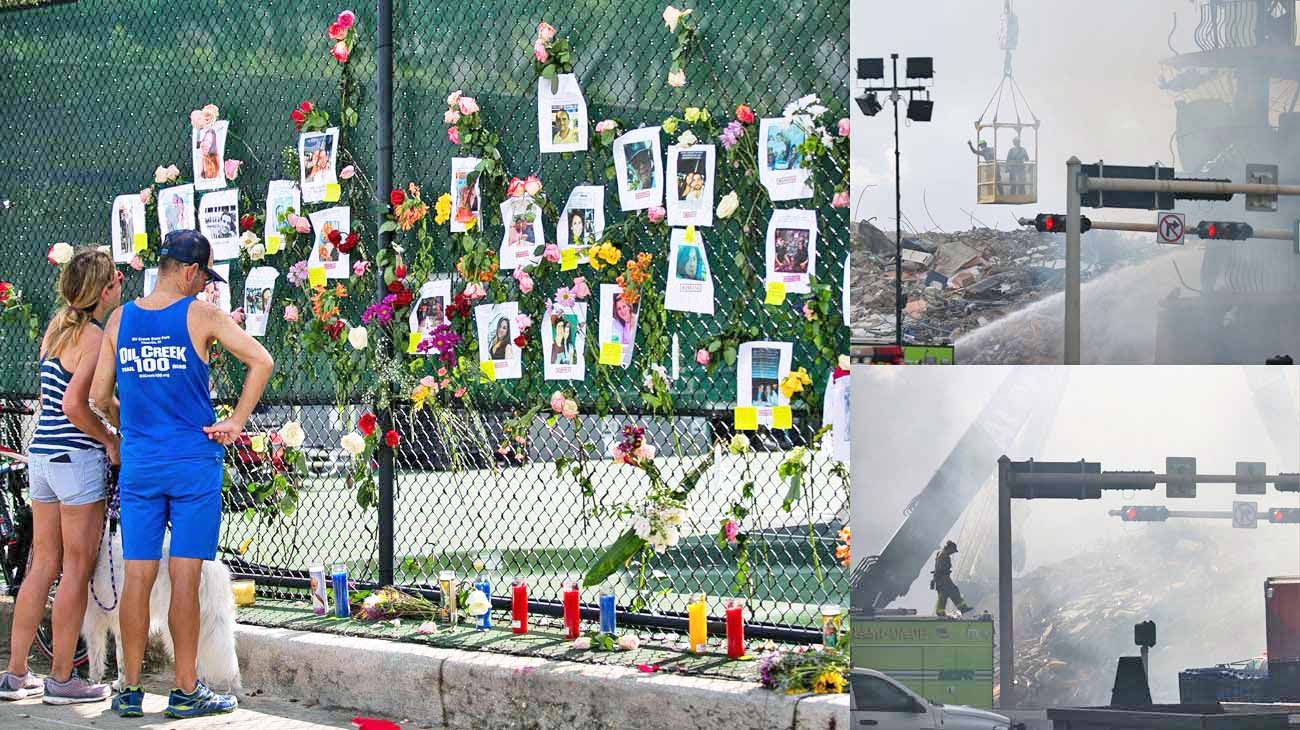 Fotos y flores por los desaparecidos del edificio que colapsó el jueves