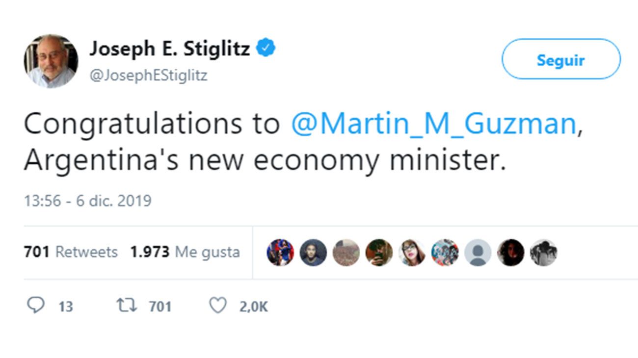 El premio Nobel de economía Joseph Stiglitz felicitó a Martín Guzmán