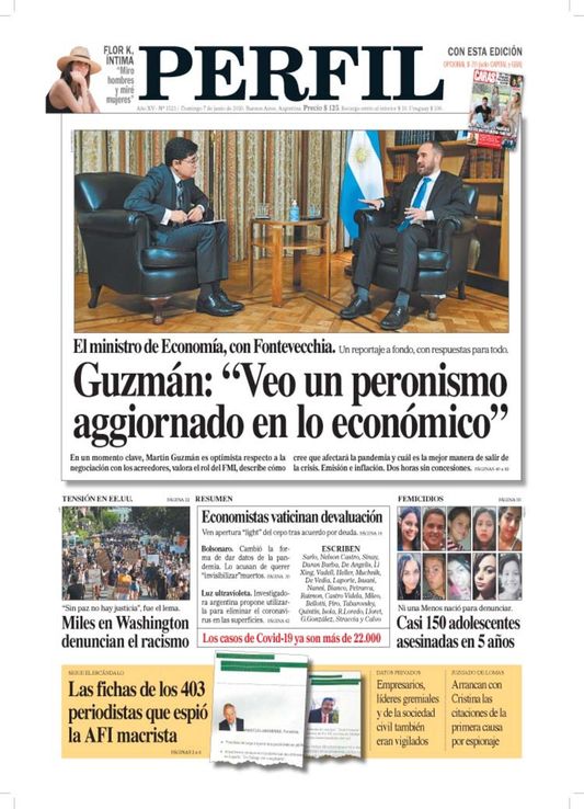La tapa de diario Perfil del domingo 7 de junio de 2020