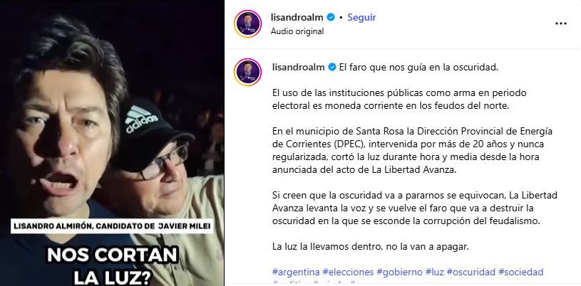 Corte de luz en acto de LLA en Corrientes: Almirón denuncia sabotaje y la DPEC alega falla técnica