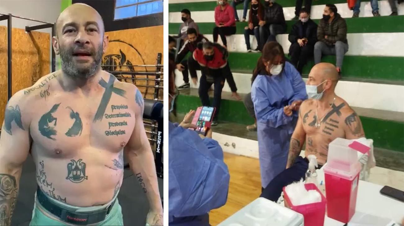 Federico Massoni, ministro de Seguridad de Chubut, mostró sus 30 tatuajes al vacunarse