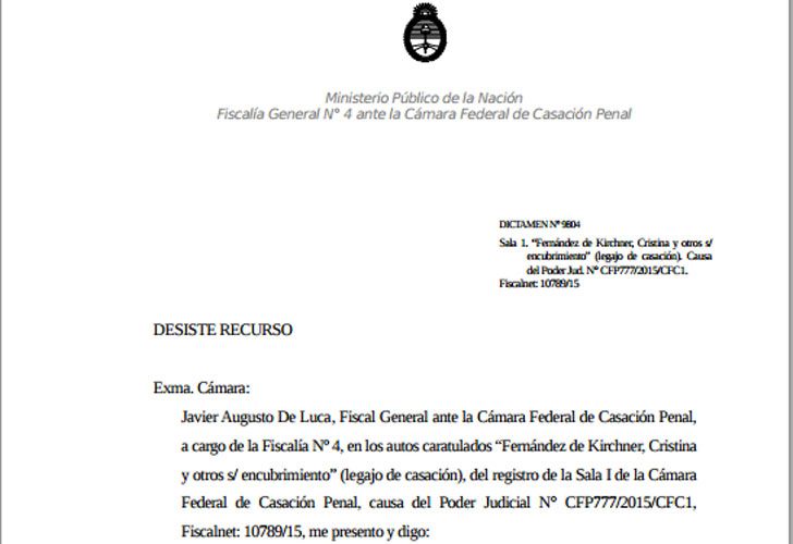 El dictamen completo de Javier de Luca para desestimar la denuncia de Nisman