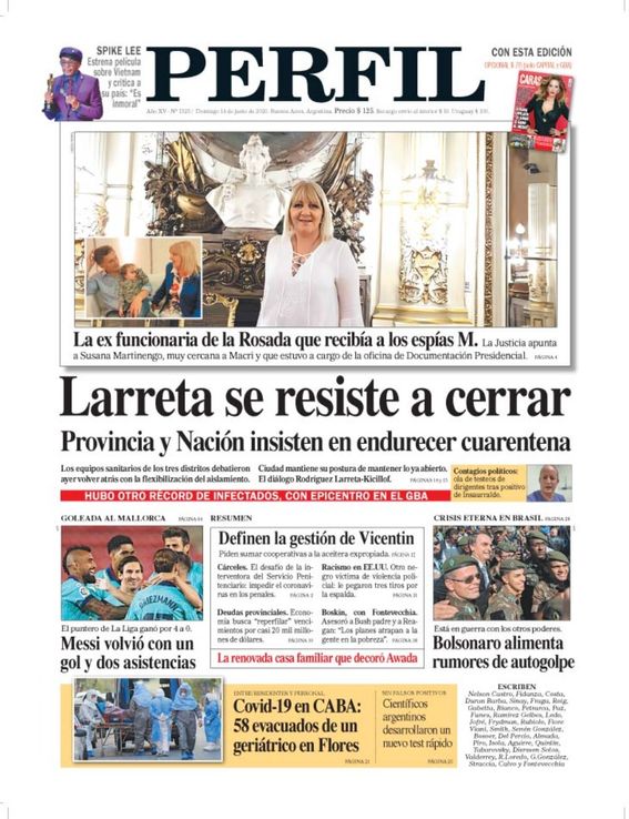 La tapa del Diario PERFIL de este domingo 14 de junio de 2020