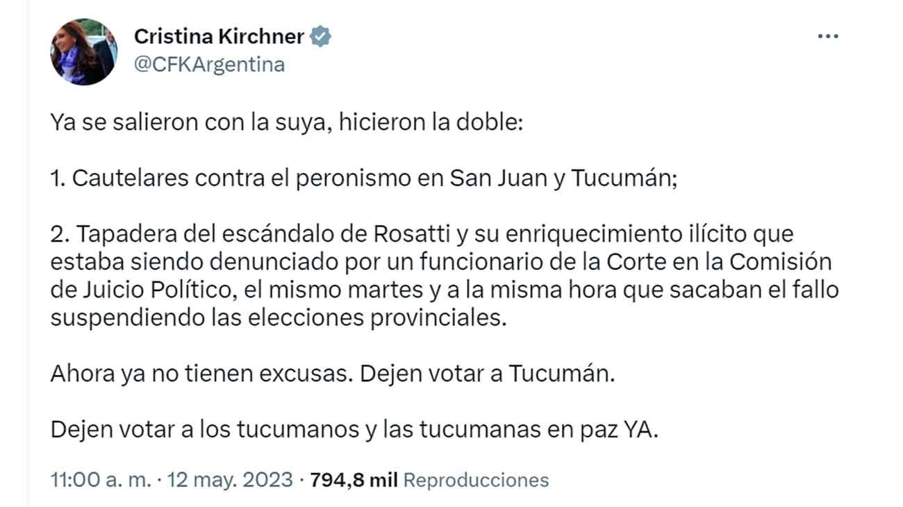 La vice apuntó contra la Corte por sus fallos “contra el peronismo”