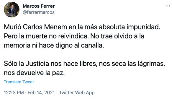 Marcos Ferrer, intendente de Río Tercero: "Con la muerte de Menem se consagró la impunidad"