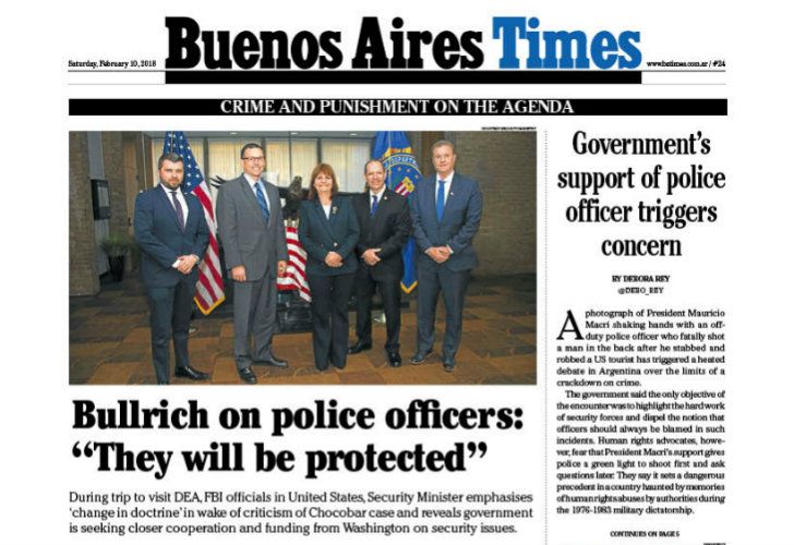 Este sábado en Buenos Aires Times: crimen y castigo tras el caso Chocobar